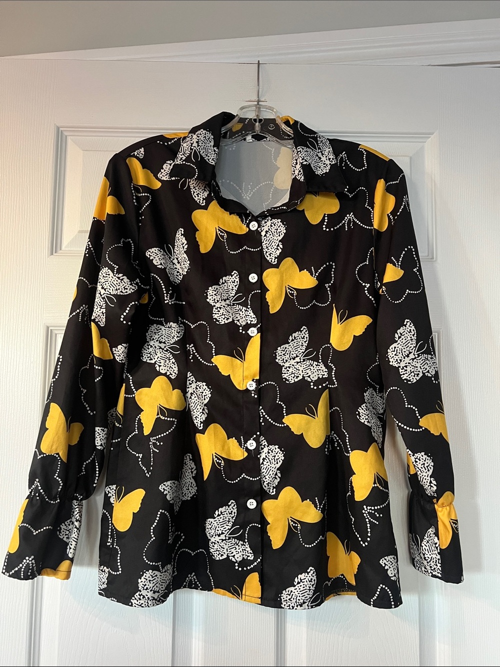 Women's Black Button-Down Shirt with Yellow & White Butterfly Print